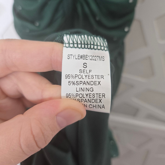 Green Ruched High Slit Rhinestone Midi Dress Size SM Formal Hoco Y2K Glam Party - Picture 8 of 8